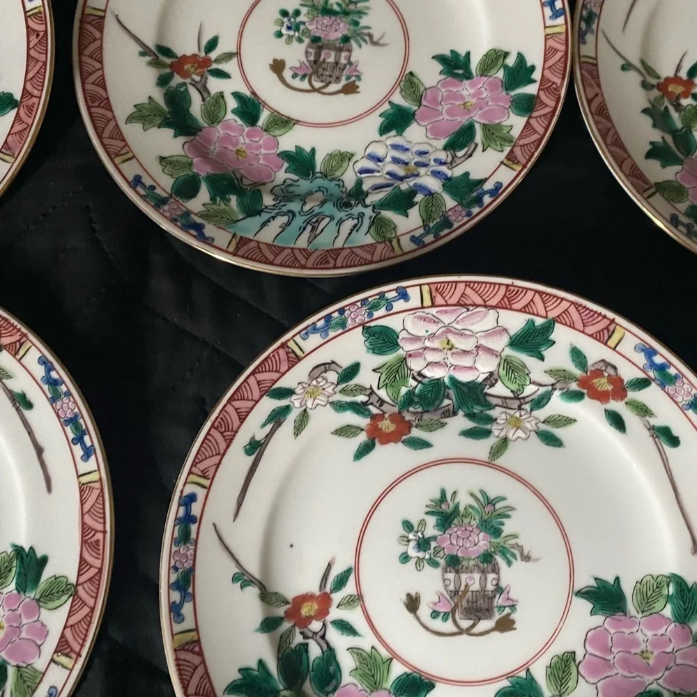 5 Kutani Yaki Ware Japanese Hand Painted  Floral 7.5” MCM Gold Trim Plates